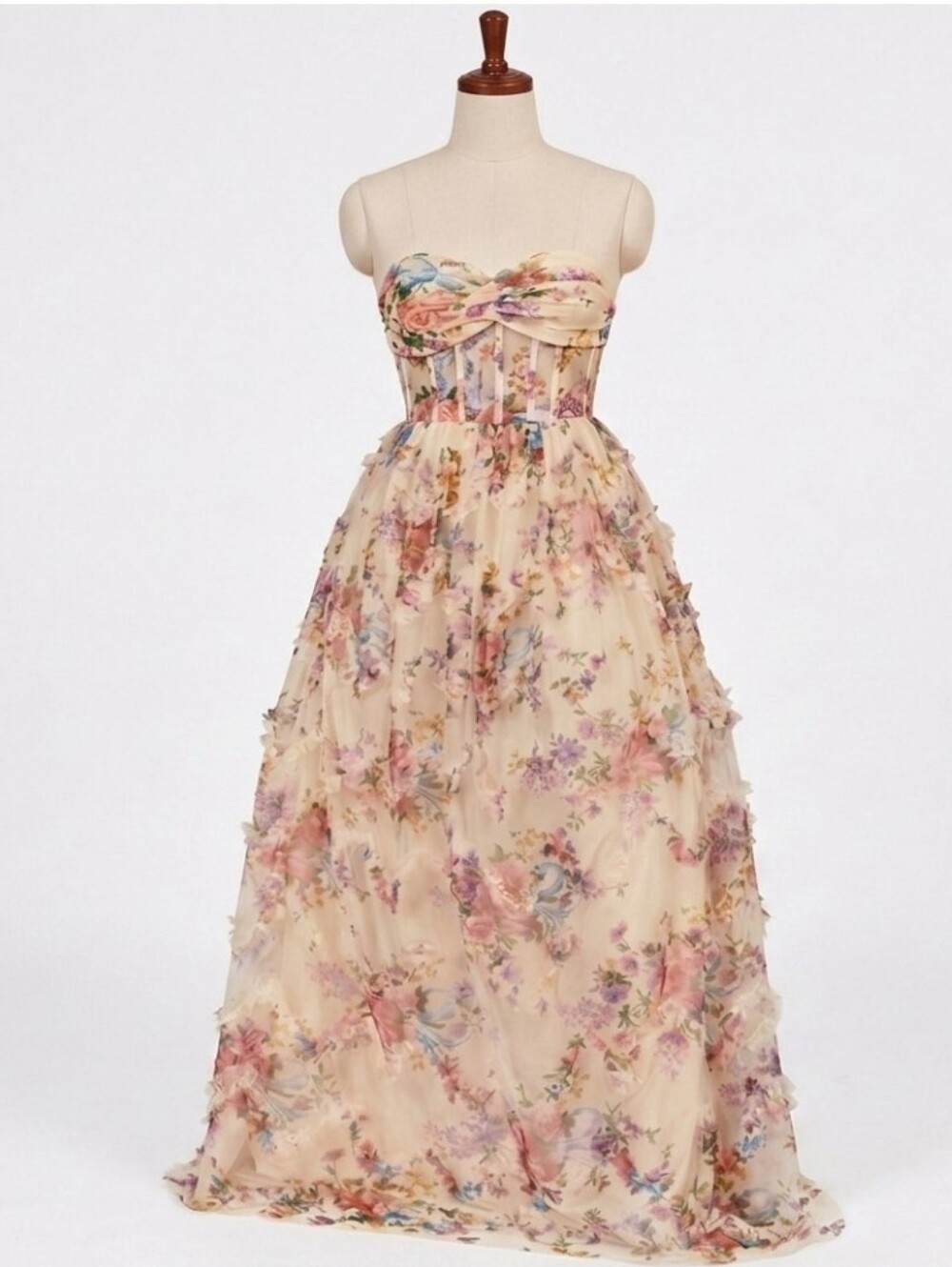 Faeriesty Ruched Bustier Ruffle Trim Hem Floral Print Tube Maxi Dress Size 1XL - Picture 15 of 16